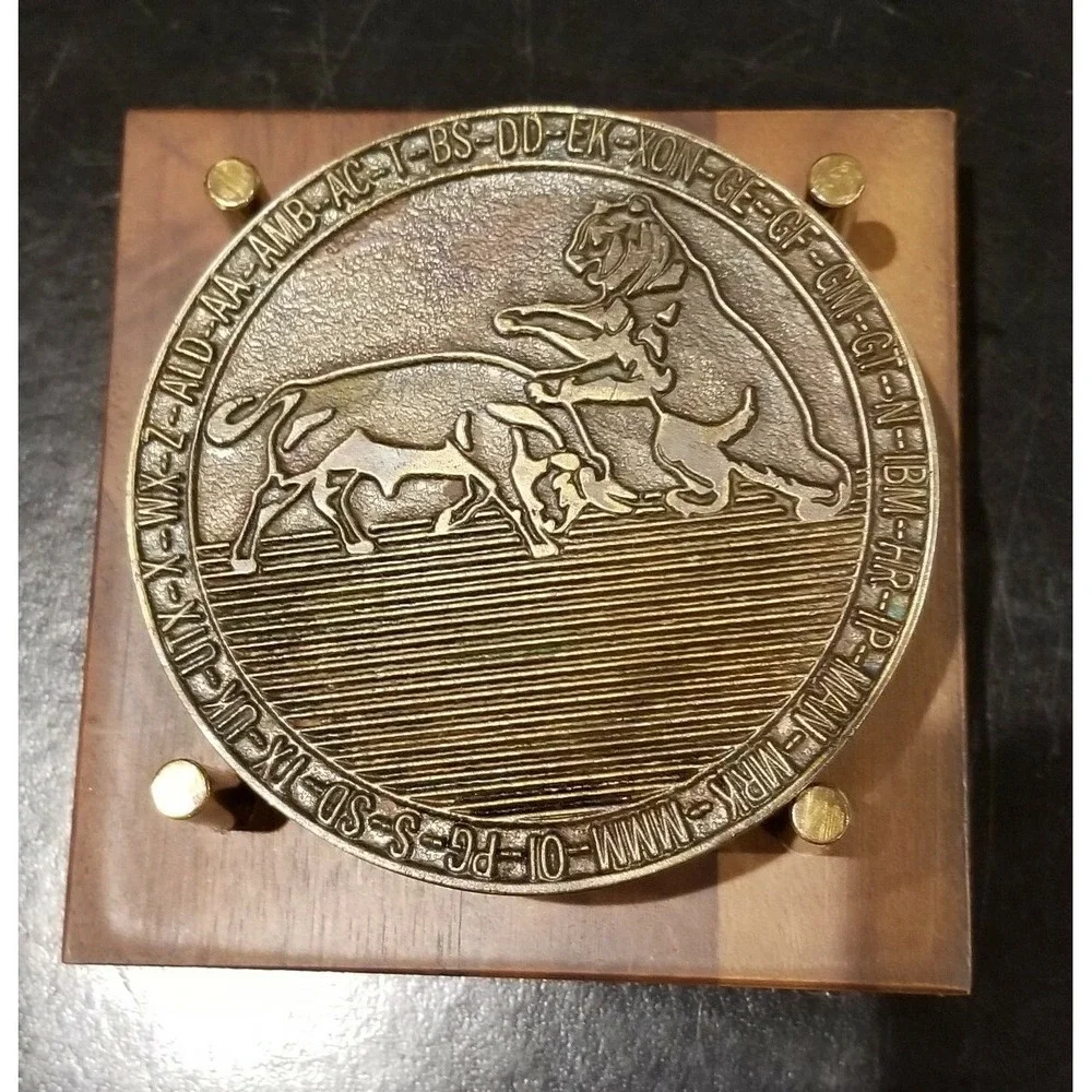 Rare Vintage1982 Blue Chip Lubbock Texas Metal Bronze Coasters Set of 6 w Holder